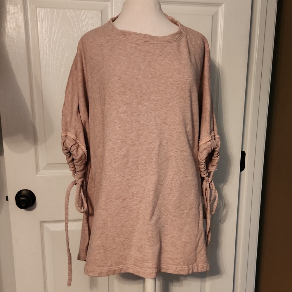 Free People Beach Pink/gray Tunic Sweatshirt Material Cinched Sleeves Oversized